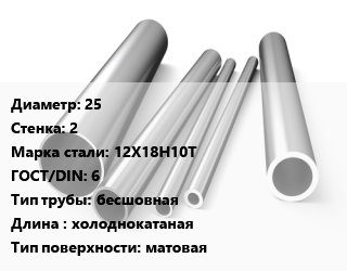 Труба нержавеющая 25х2 мм Сталь 12Х18Н10Т ГОСТ: 6 бесшовная L=холоднокатаная матовая, метр, 9941-81, Россия/Украина цена от 579.6 сом / т, где купить, условия доставки в Оше и Ошской области